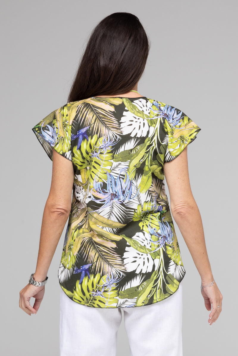 Rainforest Print Short Sleeve Linen and Silk Top