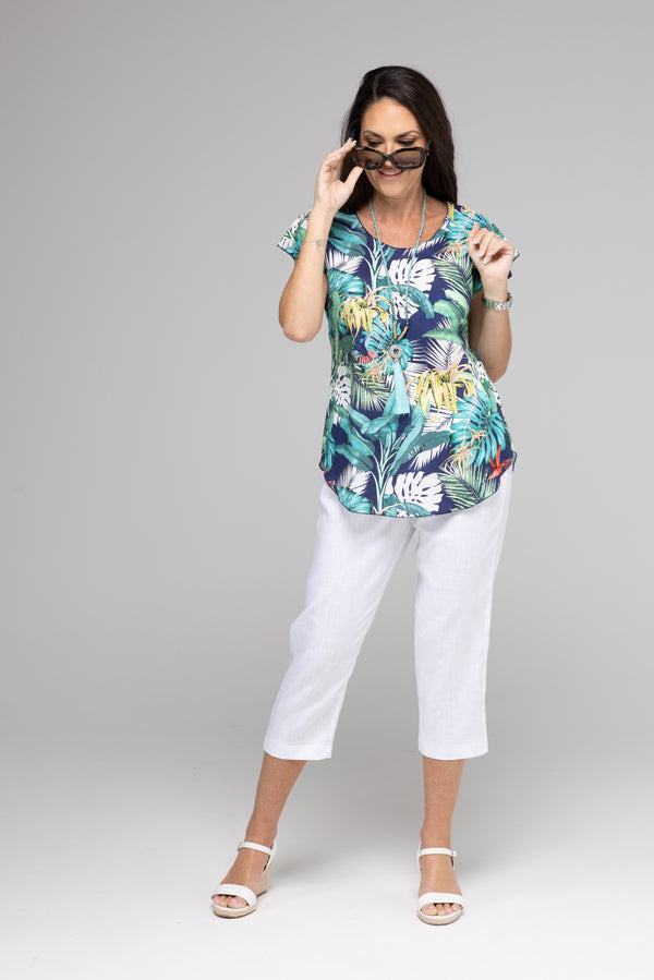 Tropic Print Short Sleeve Linen and Silk Top
