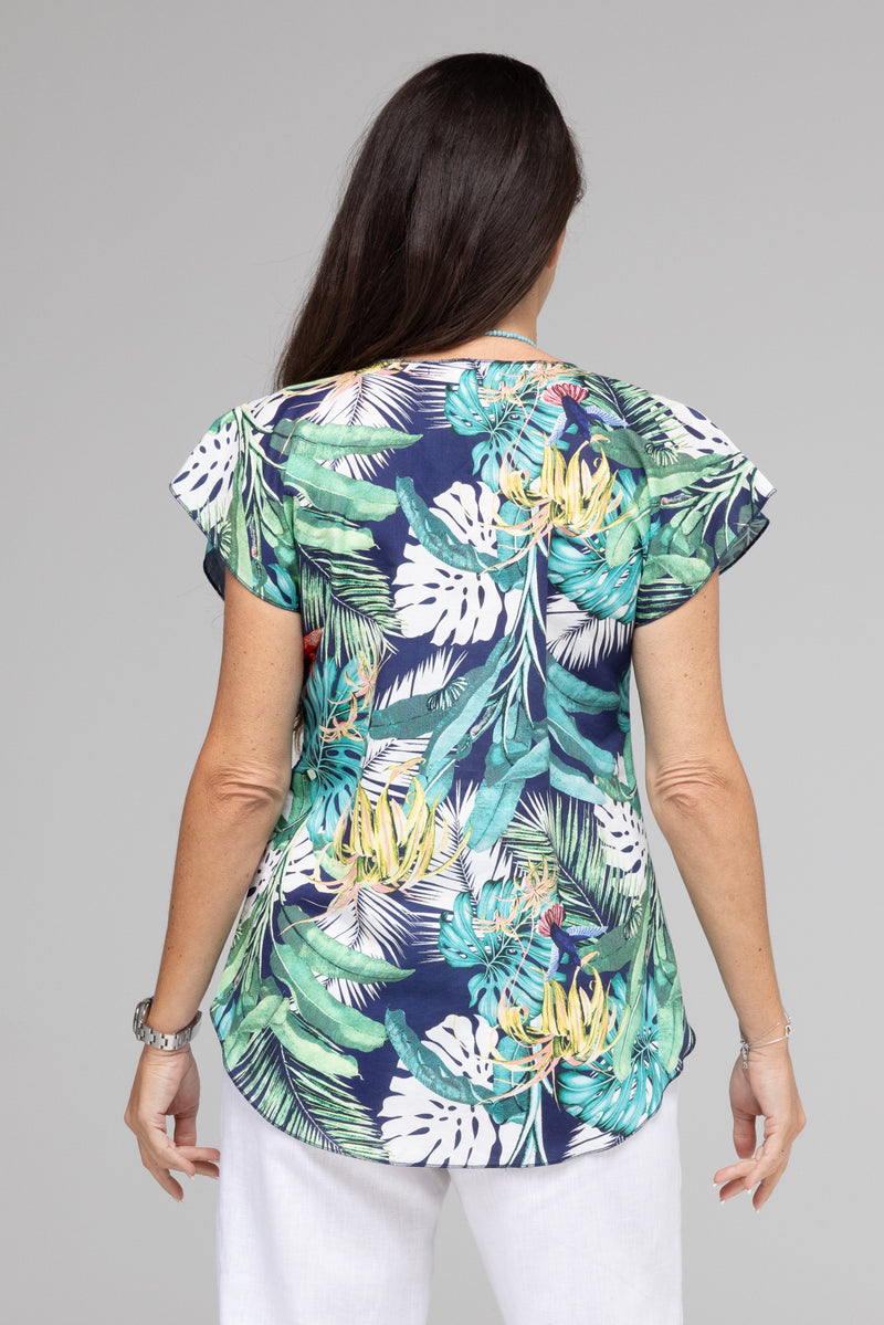 Tropic Print Short Sleeve Linen and Silk Top