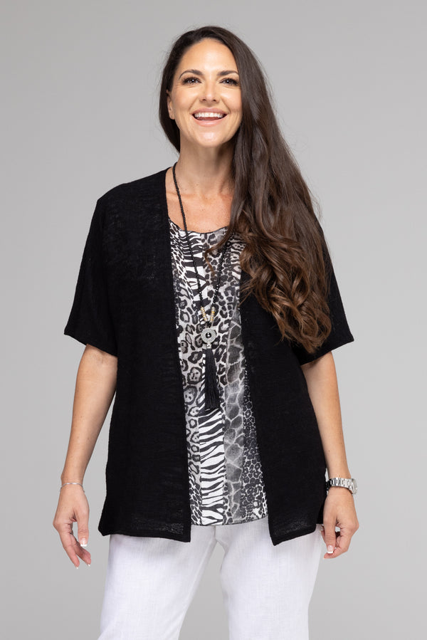 Black Poly Rayon Short Sleeve Cardigan