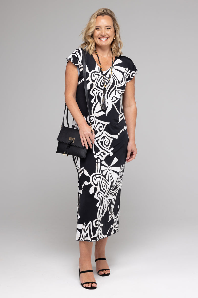 Maori Print Short Sleeve Jersey Maxi Dress