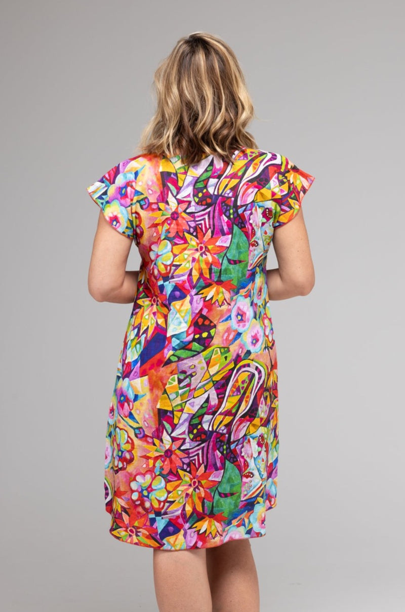 Calypso Print Linen Short Sleeve Dress