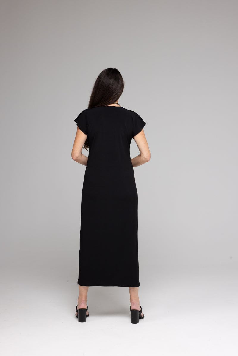 black short sleeve jersey maxi dress Karen Millen Textured Hanky Hem Shorts Sleeve Trim Detail Jersey Maxi Dress in Black