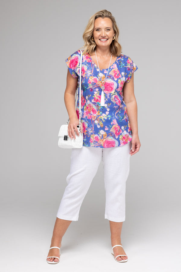 Valentine Print Short Sleeve Linen Top