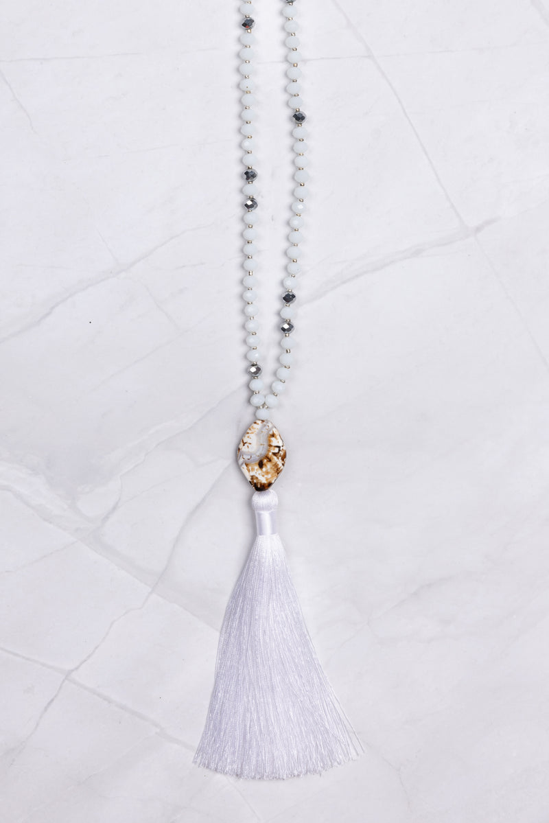 Small White and Silver Stone Pendant Tassel Necklace