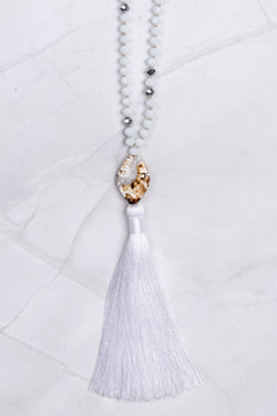 Small White and Silver Stone Pendant Tassel Necklace