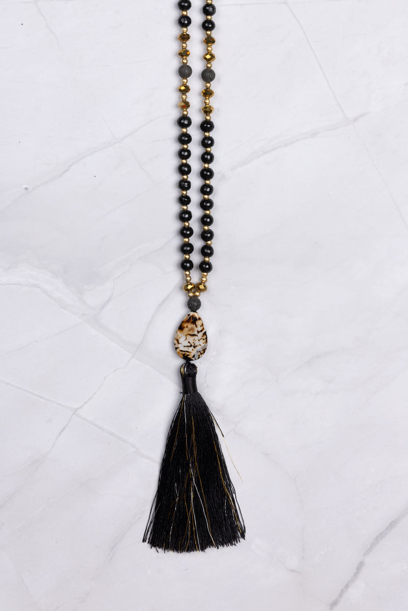 Small Black and Gold Brown Stone Pendant Tassel Necklace