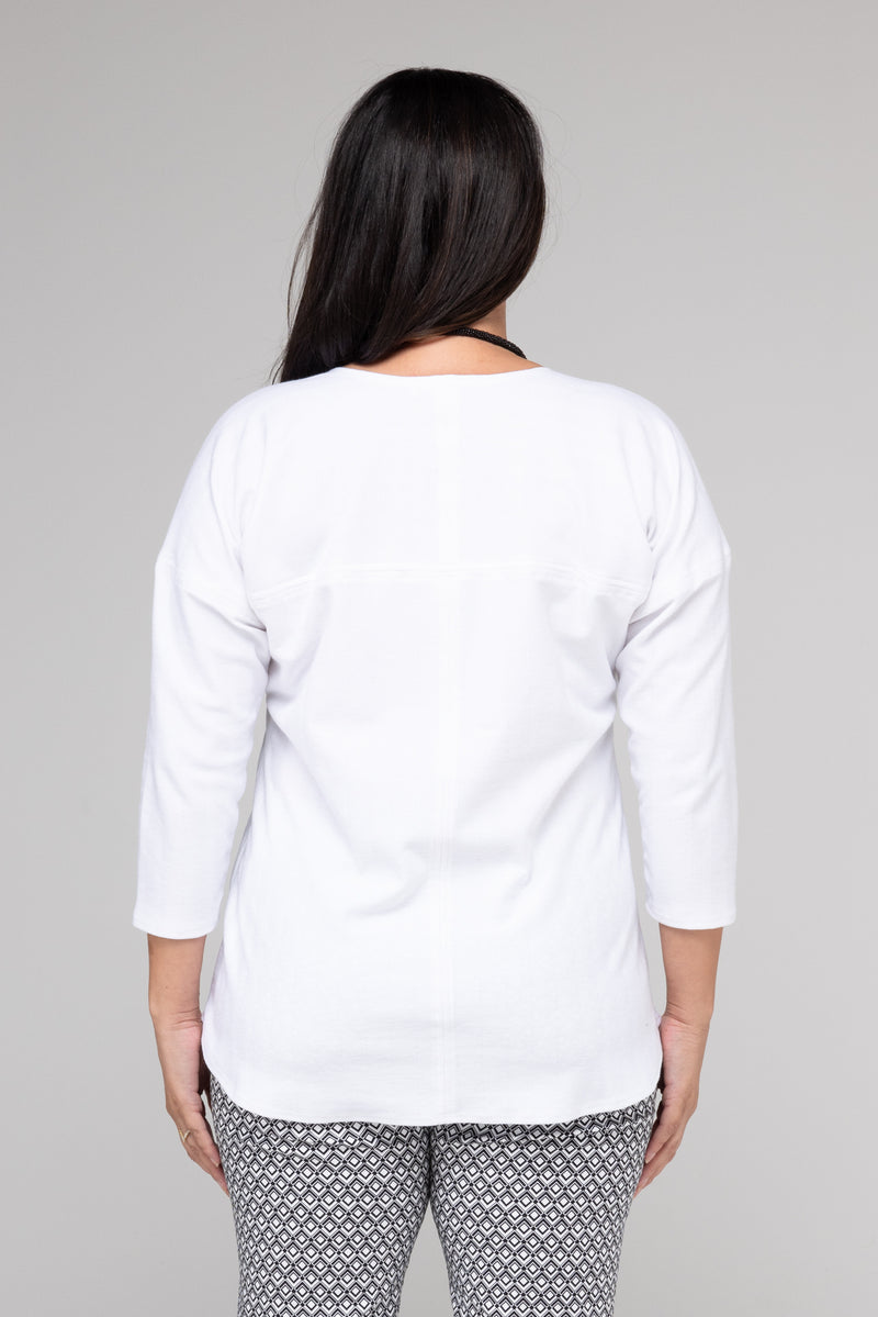 White Feature Stitched Cotton Herringbone Knit 3/4 Sleeve Top