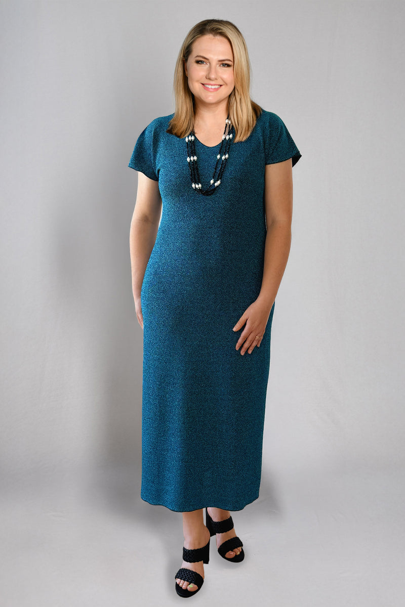 Aqua Short Sleeve Sparkle Jersey Maxi Dress