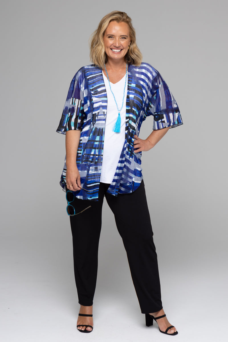 Blue Stripe Print Net Knit Short Sleeve Kimono