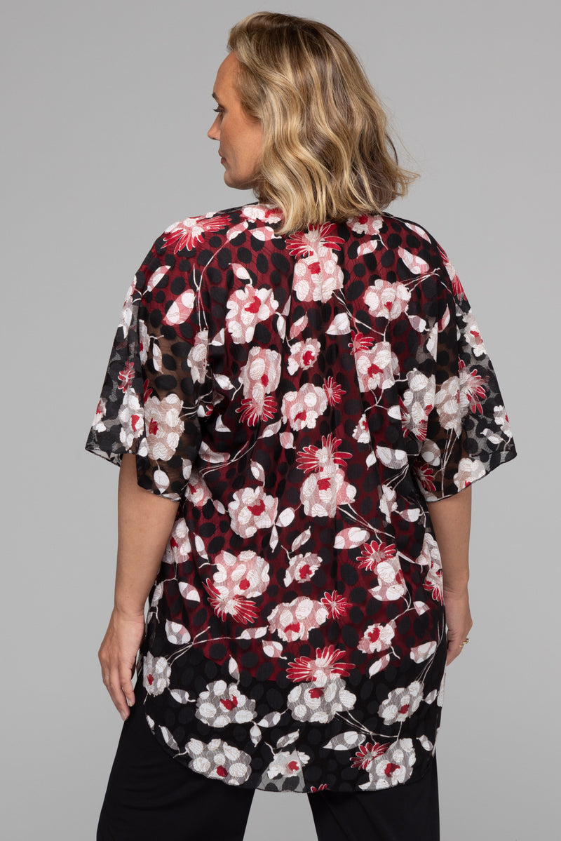 Red Flower Printed Net Knit Short Sleeve Kimono
