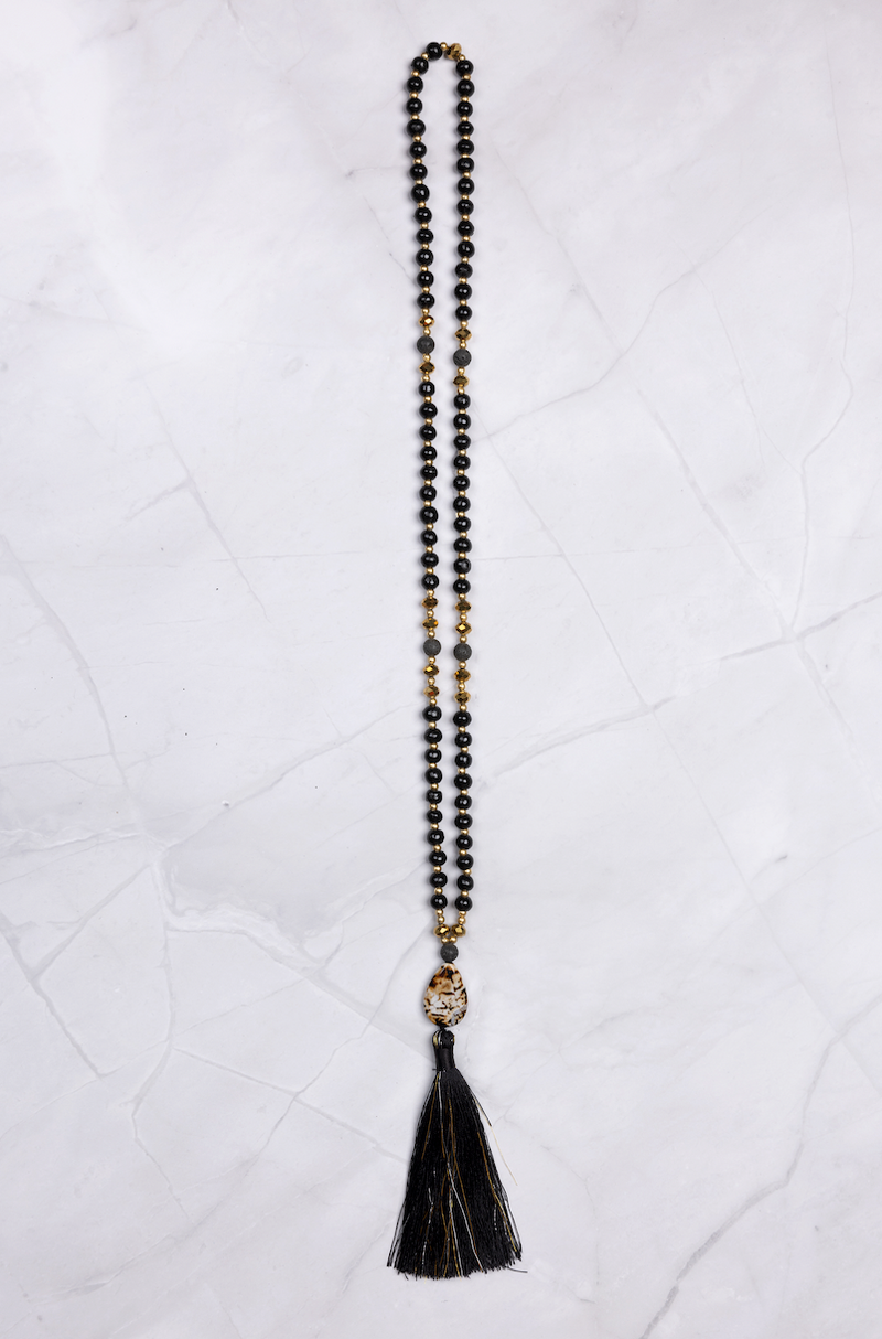 Small Black and Gold Brown Stone Pendant Tassel Necklace