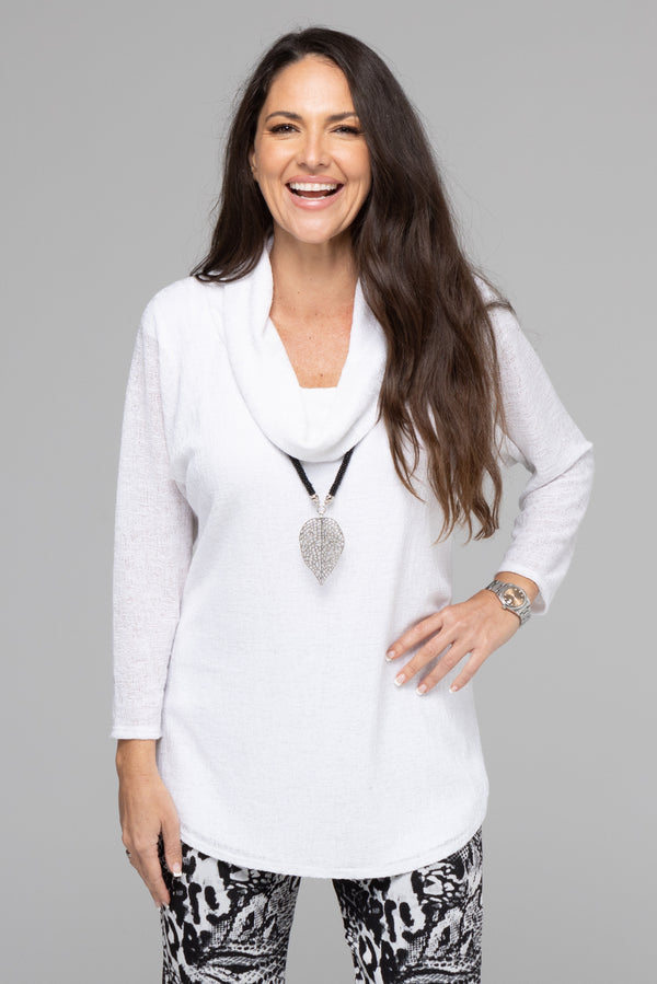 White Cowl Neck Poly/Rayon Knit 3/4 Sleeve Top