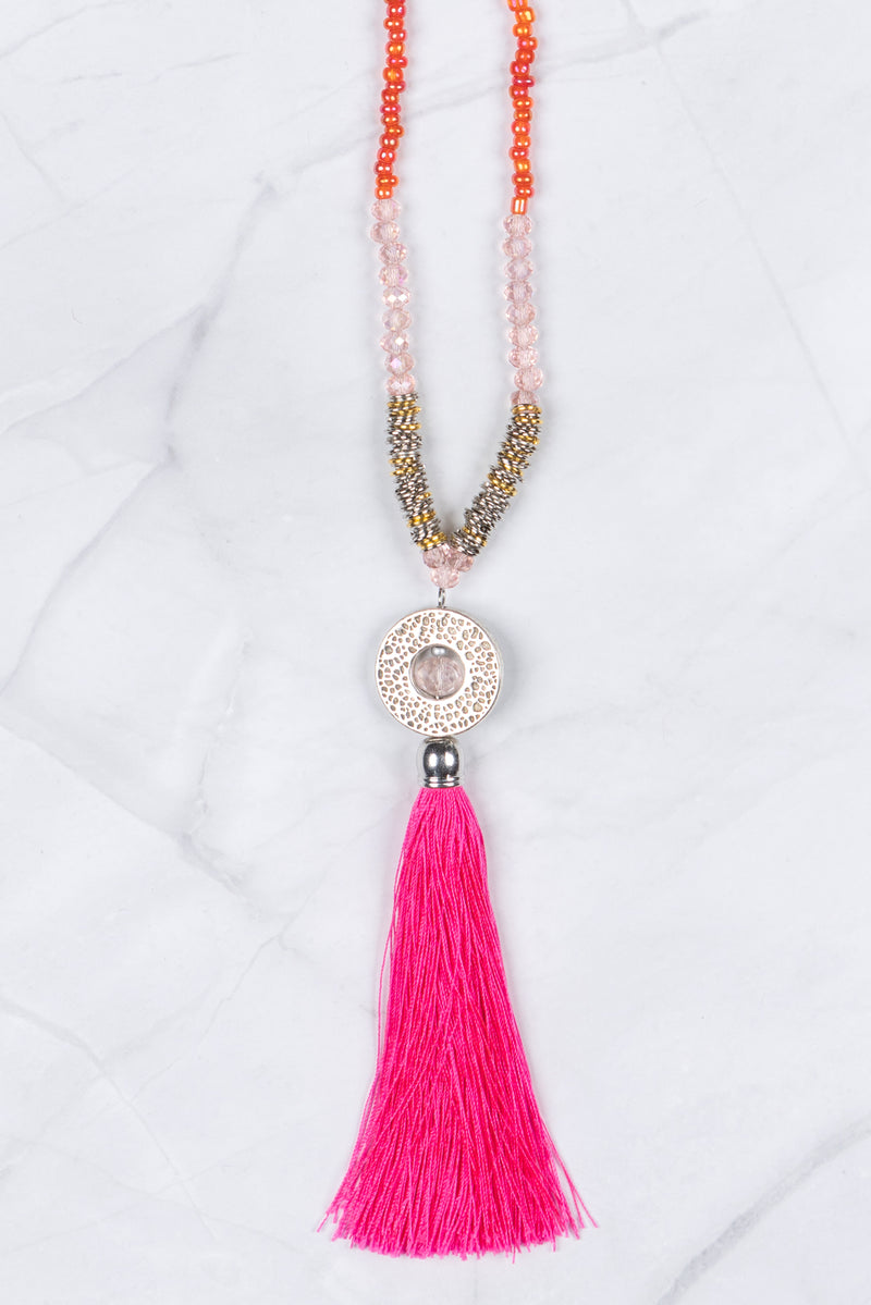 Hot Pink Circle Pendant Tassel Necklace