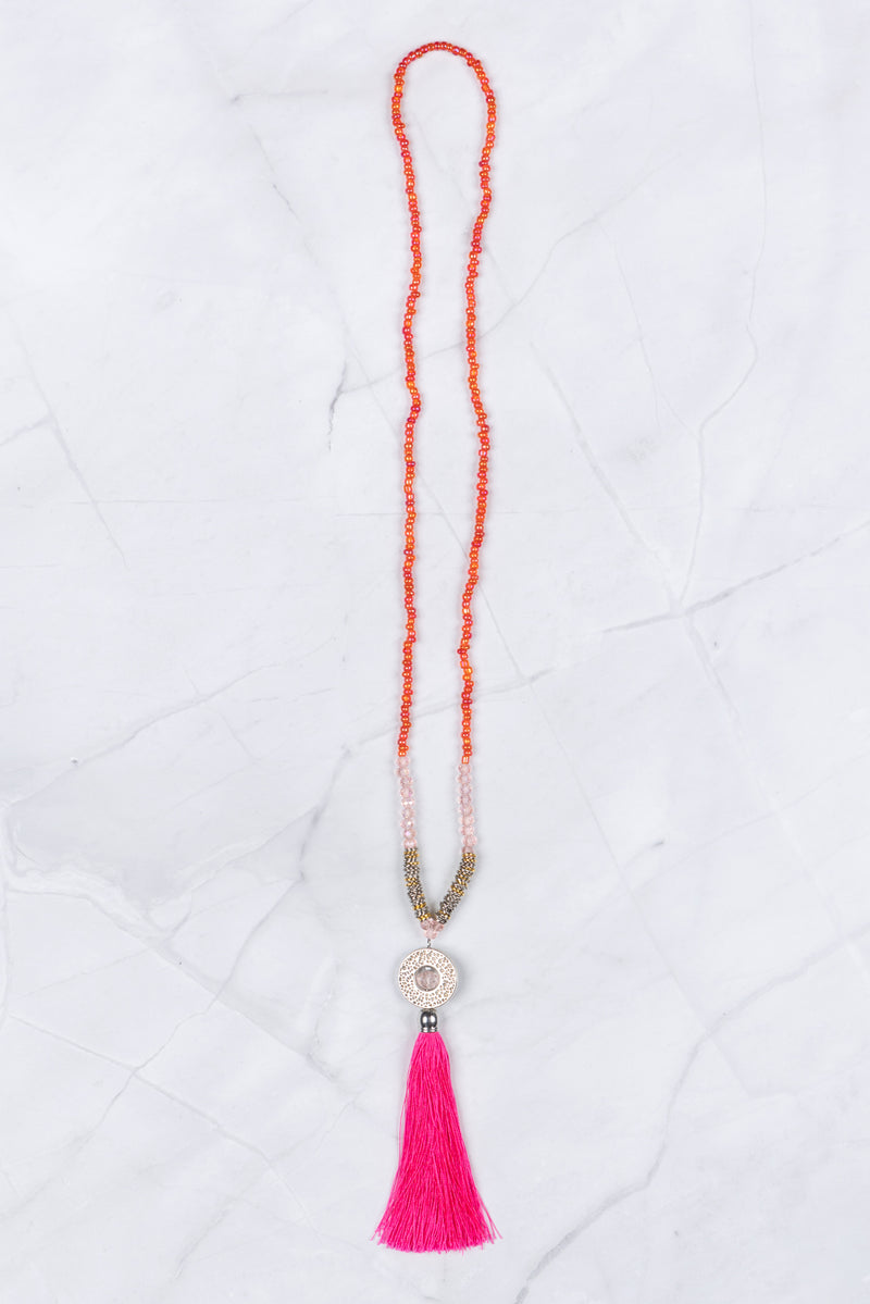 Hot Pink Circle Pendant Tassel Necklace