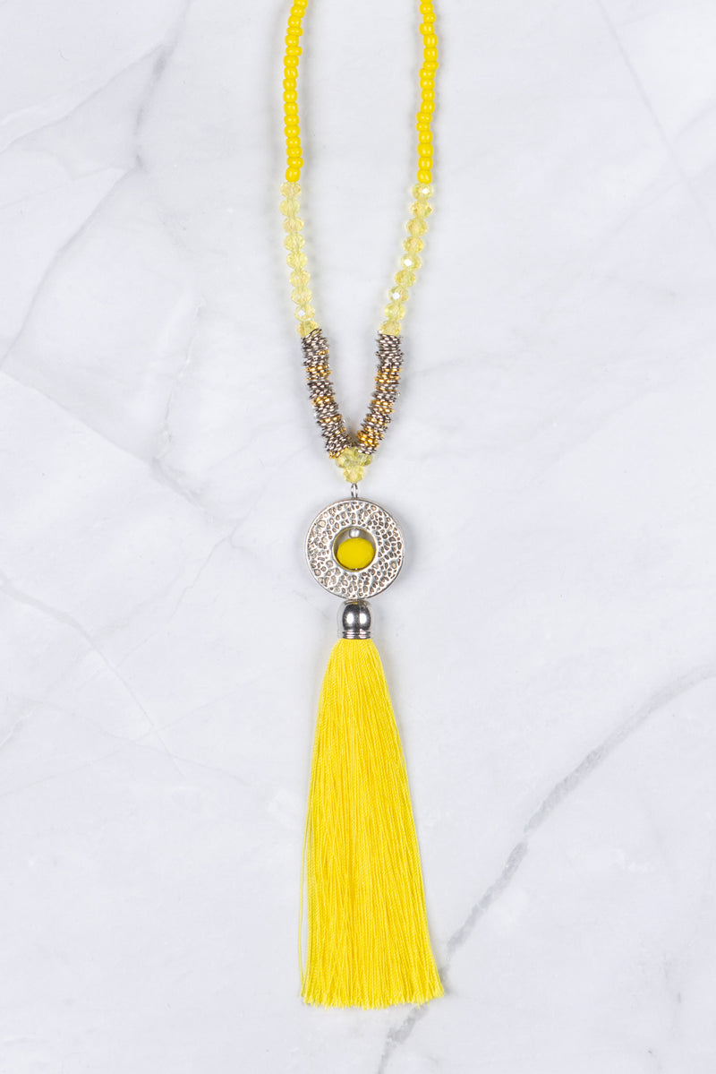 Yellow Circle Pendant Tassel Necklace