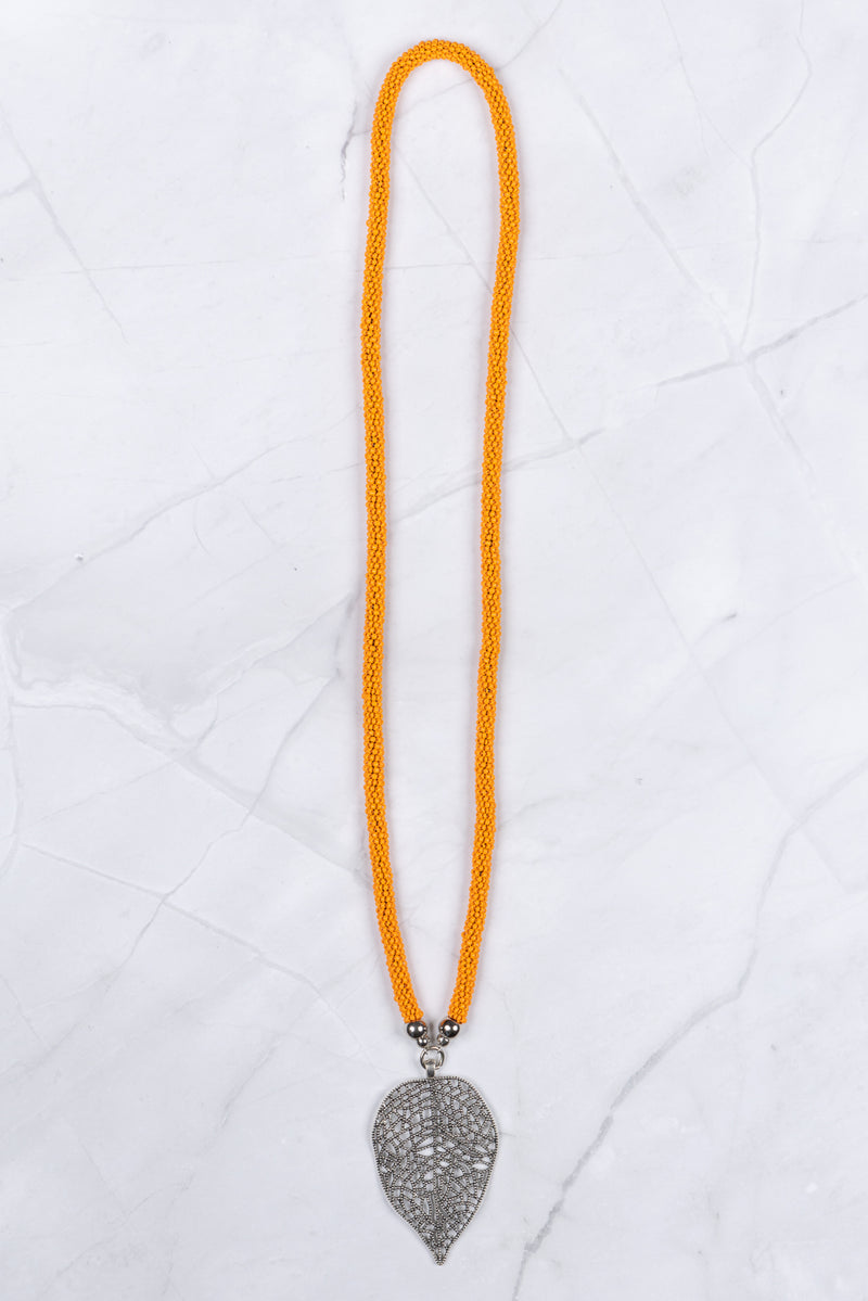 Bright Orange Beaded Leaf Pendant Necklace