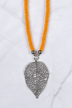Bright Orange Beaded Leaf Pendant Necklace