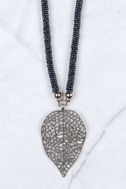 Navy Black Beaded Leaf Pendant Necklace