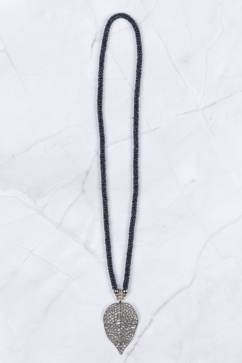 Navy Black Beaded Leaf Pendant Necklace