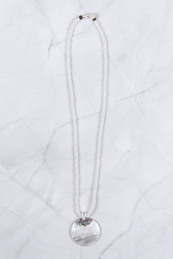 White Beaded Natural Paua and Mother of Pearl Pendant Necklace