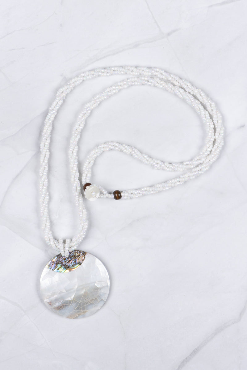 White Beaded Natural Paua and Mother of Pearl Pendant Necklace