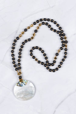 Brown and Gold Beaded Mother of Pearl Pendant Necklace