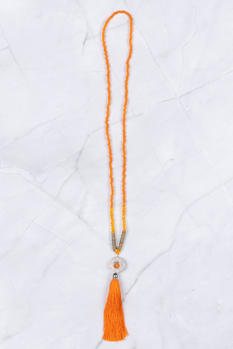 Orange Circle Pendant Tassel Necklace