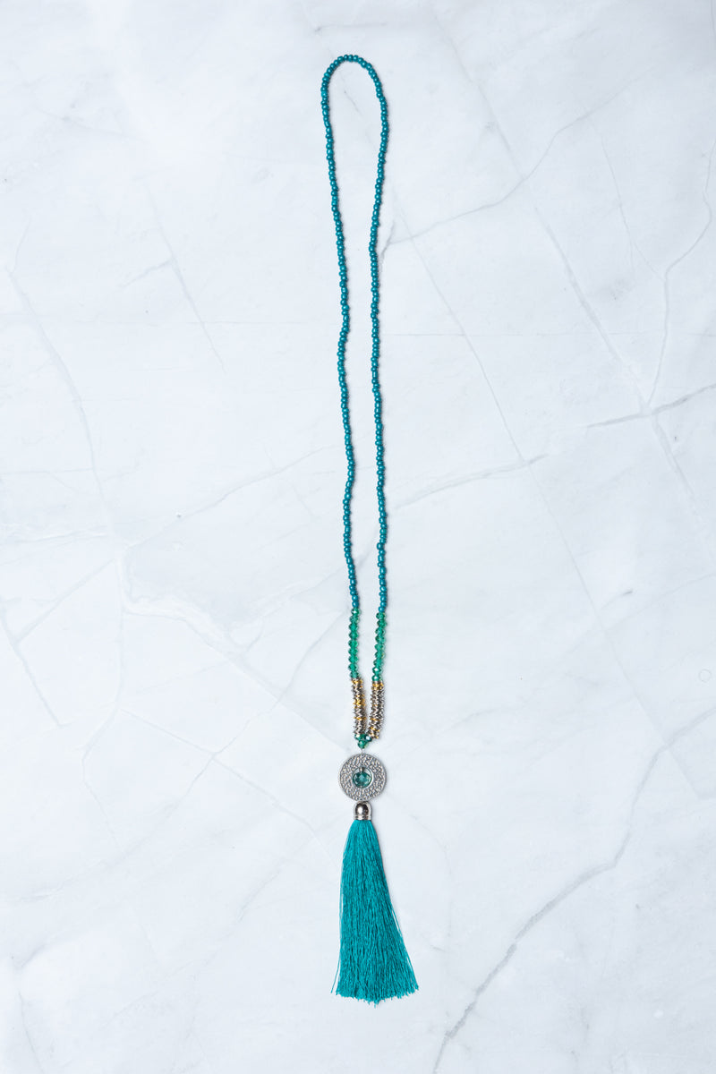 Teal Circle Pendant Tassel Necklace