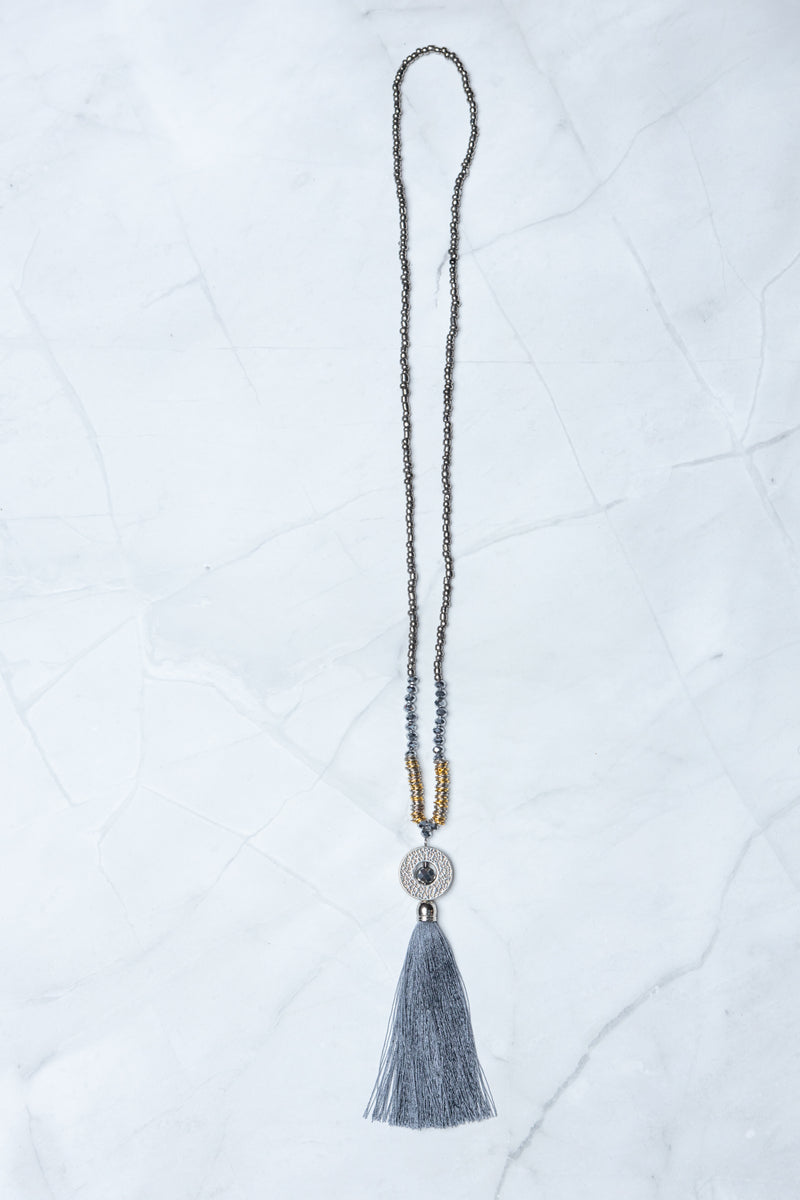 Grey Circle Pendant Tassel Necklace