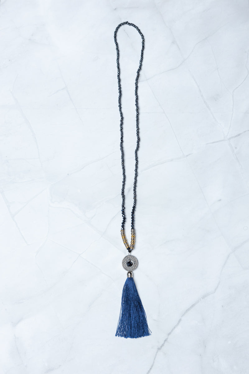 Navy Circle Pendant Tassel Necklace