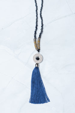 Navy Circle Pendant Tassel Necklace
