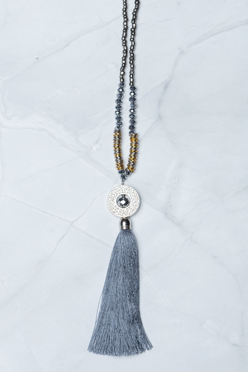 Grey Circle Pendant Tassel Necklace