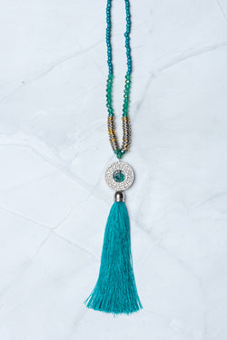 Teal Circle Pendant Tassel Necklace