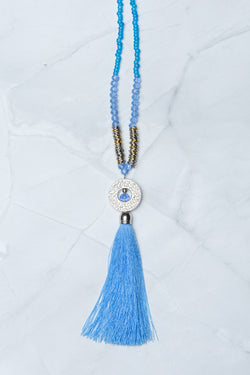 Blue Circle Pendant Tassel Necklace