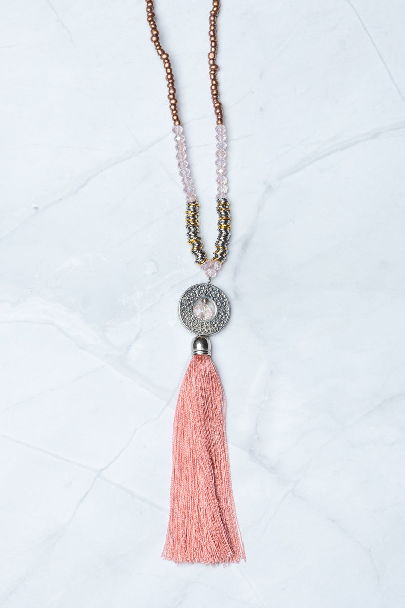 Pink Circle Pendant Tassel Necklace