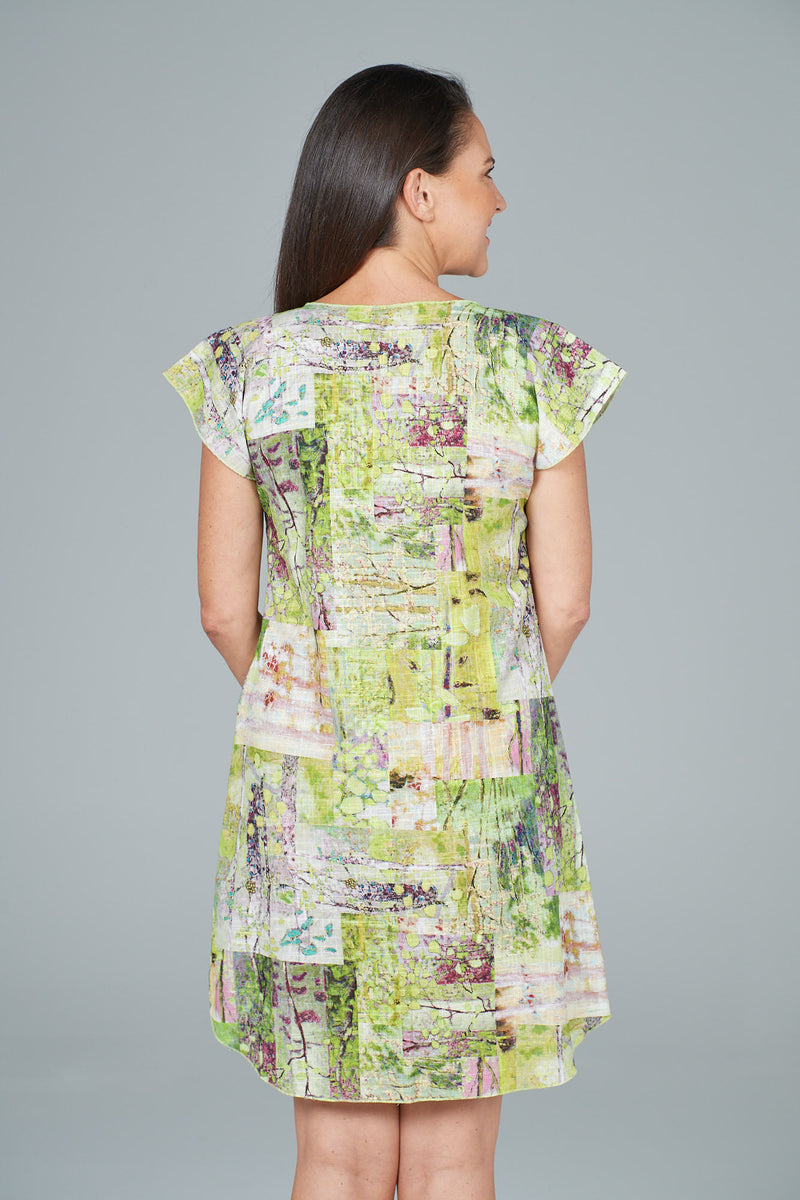 Lime Abstract Print Short Sleeve Cotton Linen Shift Dress