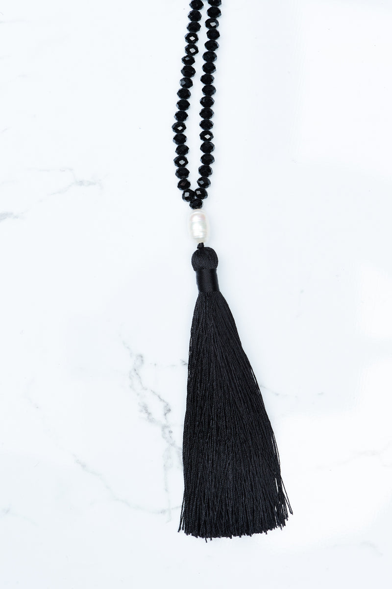 Black Beaded Pearl Tassel Necklace