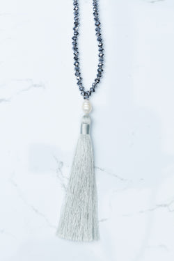 Pewter Beaded Pearl Tassel Necklace