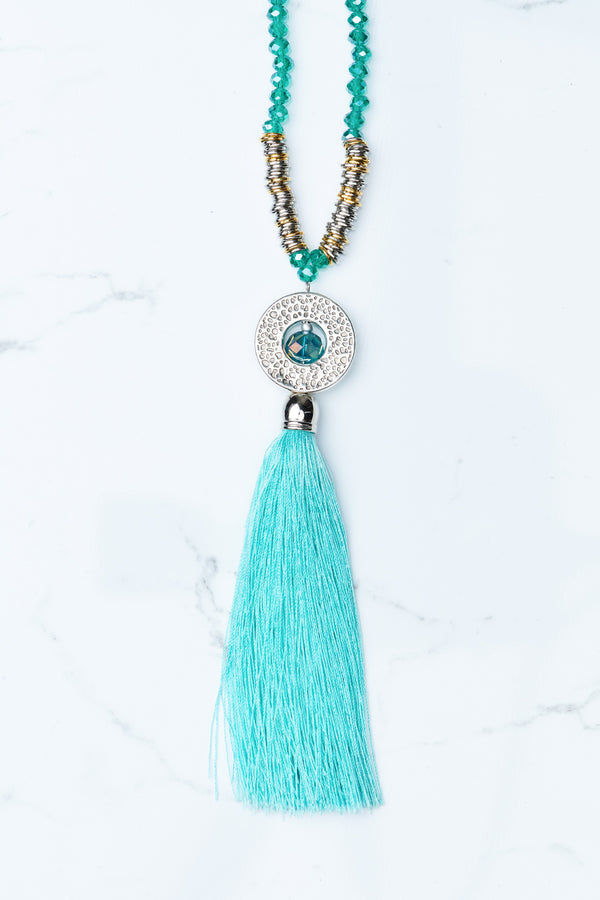 Aqua Circle Pendant Tassel Necklace