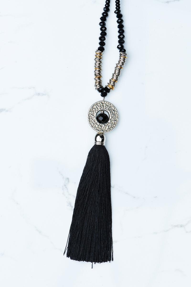 Black Circle Pendant Tassel Necklace