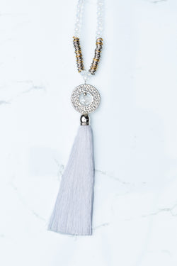 White Circle Pendant Tassel Necklace