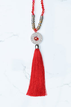 Red Circle Pendant Tassel Necklace