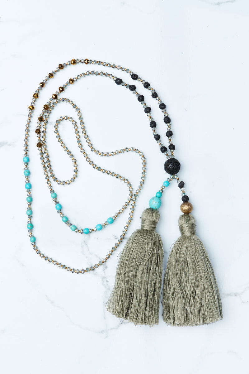 Olive Multi Beaded Double Tassel Necklace