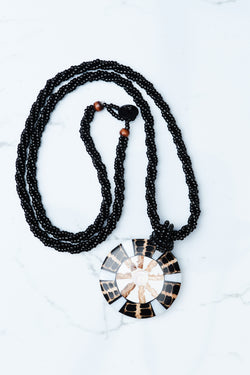 Black Beaded Aztec Mother of Pearl Pendant Necklace