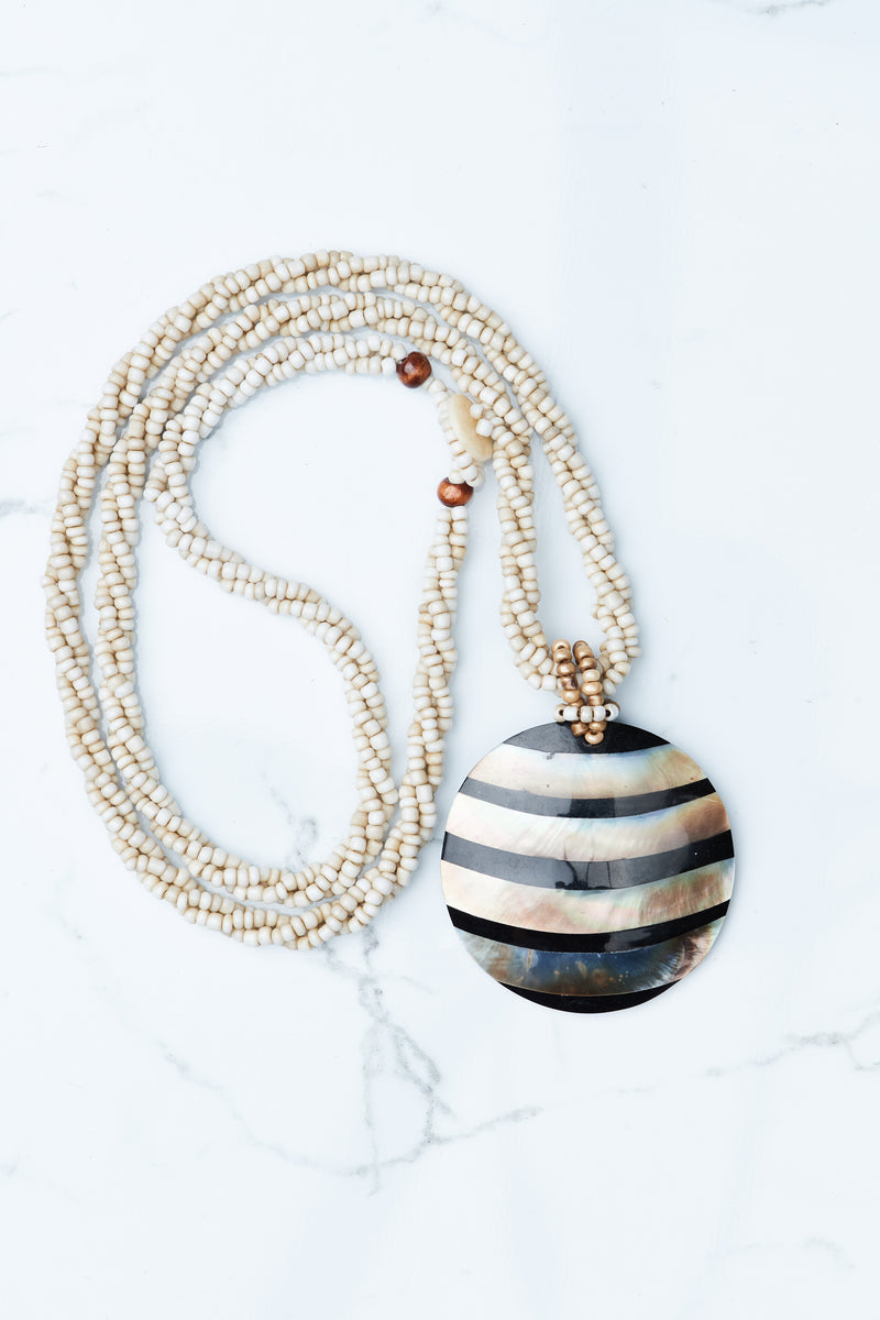 Beige Beaded Stripe Mother of Pearl Pendant Necklace