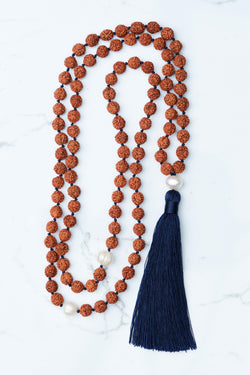 Navy and Tan Pearl and Seed Tassel Necklace