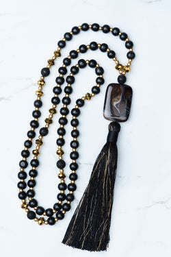 Black and Gold Black Stone Pendant Tassel Necklace