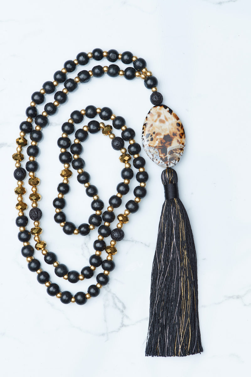 Black and Gold Brown Stone Pendant Tassel Necklace