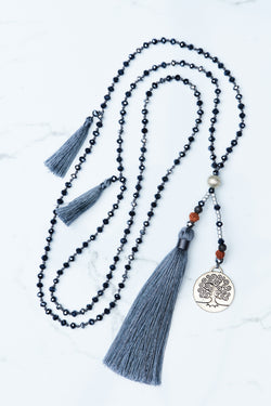 Dark Grey Tree of Life Silver Coin and Tassel  Necklace